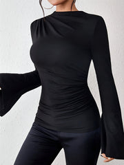 Solid Color Mock Neck Flared Sleeve Ruched Blouse