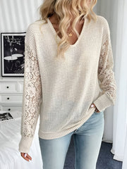 V Neck Lace Sheer Long Sleeves Blouse