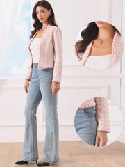 Plaid Tweed Long Sleeve Open Front Work Office Jacket