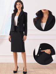 2 Piece Long Sleeve Blazer & Midi Pencil Skirt Formal Work Business Skirt Suit Set