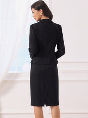 2 Piece Long Sleeve Blazer & Midi Pencil Skirt Formal Work Business Skirt Suit Set