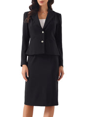 2 Piece Long Sleeve Blazer & Midi Pencil Skirt Formal Work Business Skirt Suit Set