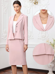 2 Piece Long Sleeve Blazer & Midi Pencil Skirt Formal Work Business Skirt Suit Set