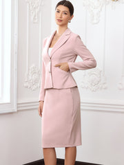 2 Piece Long Sleeve Blazer & Midi Pencil Skirt Formal Work Business Skirt Suit Set
