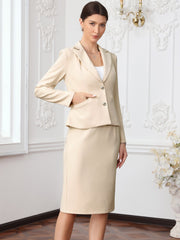 2 Piece Long Sleeve Blazer & Midi Pencil Skirt Formal Work Business Skirt Suit Set
