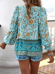 Lace-Up Boho Floral Smock Long Sleeves Blouse