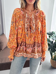 Lace-Up Boho Floral Smock Long Sleeves Blouse
