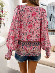 Lace-Up Boho Floral Smock Long Sleeves Blouse