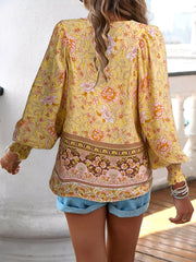 Lace-Up Boho Floral Smock Long Sleeves Blouse