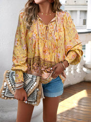 Lace-Up Boho Floral Smock Long Sleeves Blouse