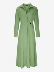 Solid Color Collared Long Sleeve Pockets Slit Dress