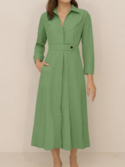 Solid Color Collared Long Sleeve Pockets Slit Dress