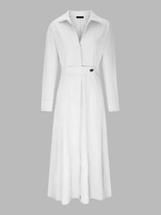 Solid Color Collared Long Sleeve Pockets Slit Dress