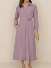Solid Color Collared Long Sleeve Pockets Slit Dress
