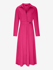 Solid Color Collared Long Sleeve Pockets Slit Dress