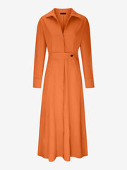 Solid Color Collared Long Sleeve Pockets Slit Dress