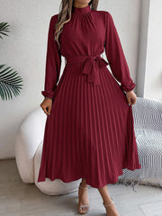 Ruched Mock Neck Tie Waist Pleated A-Line Dress