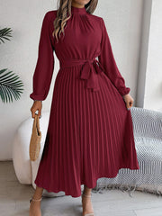 Ruched Mock Neck Tie Waist Pleated A-Line Dress