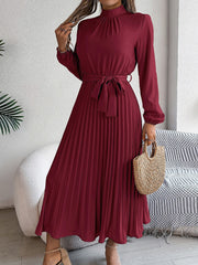Ruched Mock Neck Tie Waist Pleated A-Line Dress