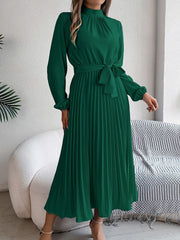 Ruched Mock Neck Tie Waist Pleated A-Line Dress
