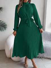 Ruched Mock Neck Tie Waist Pleated A-Line Dress