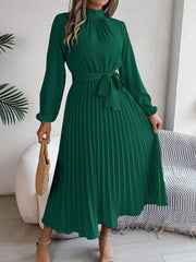 Ruched Mock Neck Tie Waist Pleated A-Line Dress