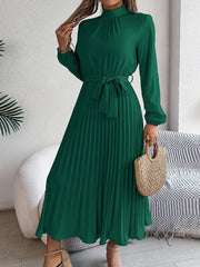 Ruched Mock Neck Tie Waist Pleated A-Line Dress