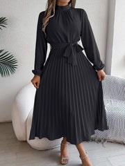 Ruched Mock Neck Tie Waist Pleated A-Line Dress