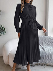 Ruched Mock Neck Tie Waist Pleated A-Line Dress