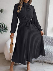 Ruched Mock Neck Tie Waist Pleated A-Line Dress