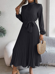 Ruched Mock Neck Tie Waist Pleated A-Line Dress