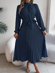 Ruched Mock Neck Tie Waist Pleated A-Line Dress