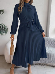 Ruched Mock Neck Tie Waist Pleated A-Line Dress
