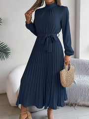 Ruched Mock Neck Tie Waist Pleated A-Line Dress