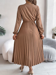 Lace V Neck Puff Long Sleeves Pleated A-Line Dress