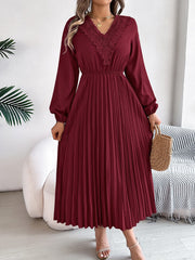 Lace V Neck Puff Long Sleeves Pleated A-Line Dress