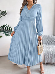 Lace V Neck Puff Long Sleeves Pleated A-Line Dress