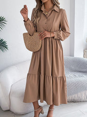 Lapel Button Down Long Sleeves Tiered Shirt Dress