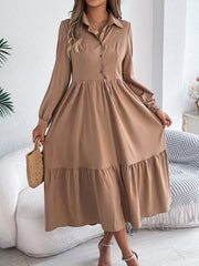 Lapel Button Down Long Sleeves Tiered Shirt Dress