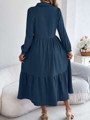 Lapel Button Down Long Sleeves Tiered Shirt Dress