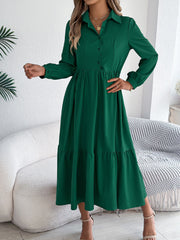 Lapel Button Down Long Sleeves Tiered Shirt Dress