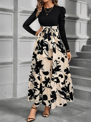 Crew Neck Ruched Sleeves Patchwork Graphic A-Line Tiered Dress