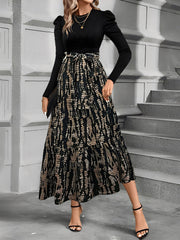 Crew Neck Ruched Sleeves Patchwork Graphic A-Line Tiered Dress