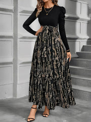 Crew Neck Ruched Sleeves Patchwork Graphic A-Line Tiered Dress