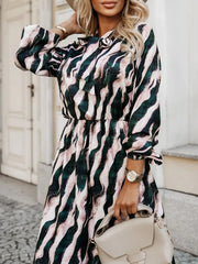 Bow Tie Neck Printed Puff Long Sleeves A-Line Dress