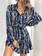Graphic V Neck Long Sleeves Ruffled Layered Mini Dress