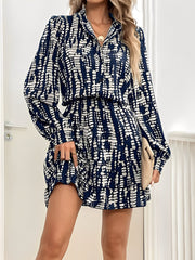 Graphic V Neck Long Sleeves Ruffled Layered Mini Dress