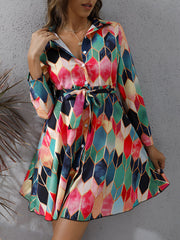 Graphic Collared Long Sleeves Lace-Up Shirt Dress