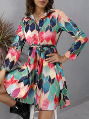 Graphic Collared Long Sleeves Lace-Up Shirt Dress