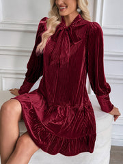 Velvet Textured Bow-Tie Puff Sleeves Ruffled Tiered Dress
